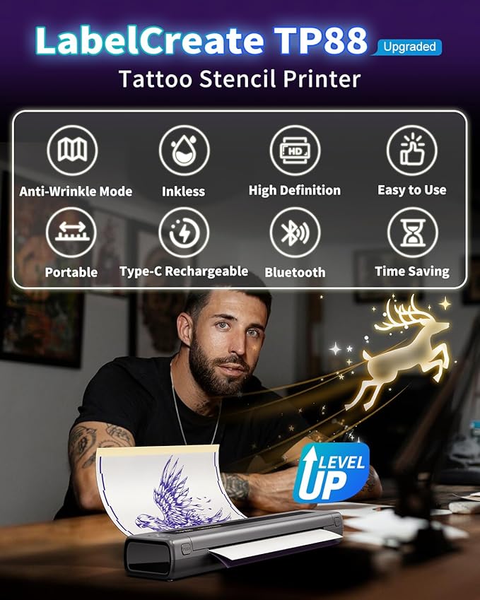 TP88 Wireless Tattoo Transfer Stencil Printer, Thermal Tattoo Machine with 10pcs Free Stencil Paper, Compatible with Smartphone & PC, Portable Printer for Artists & Beginners, Gray