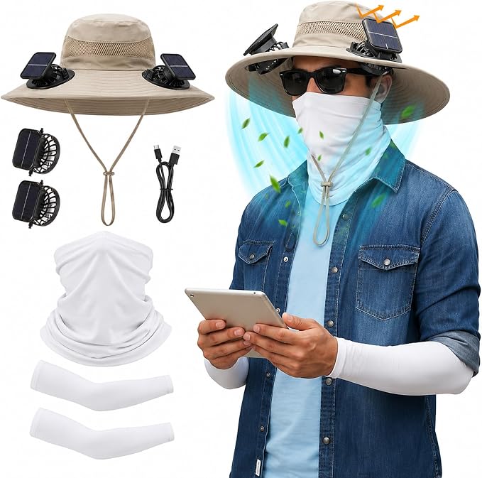 Syhood Solar Powered Fan Hat Neck Gaiter Arm Sleeves Sun Bucket Hat with Fan Cooling Wide Brim Hats for Fishing Hiking