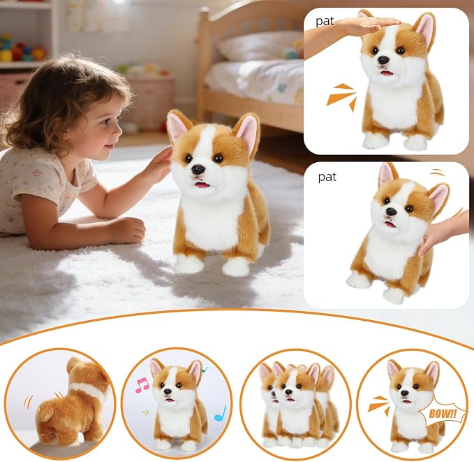 CU-MATE 12" Electric Plush Dog Toys, Electronic Stuffed Animal Dog Toy, Interactive Wuffy Robot Toy, Walking, Talking, Barking & Wagging Tail, Gifts for Boys and Girls (Corgis)
