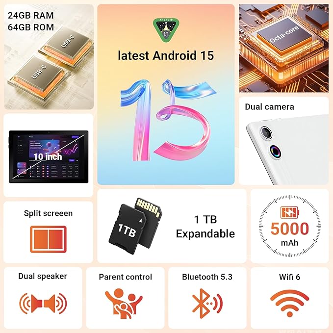 10 Inch Android Tablet, Octa-Core Processor, 24GB RAM 64GB ROM, IPS HD Display, Android 15, Dual Camera, 5000mAh Battery, Widevine L1 Certified, WiFi Bluetooth Tablets ﻿ (White)