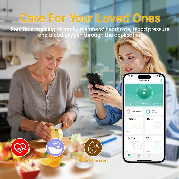 Smart Ring for Women & Men, Health Tracker Ring with Heart Rate, SpO2, Blood Pressure,Temperature, HRV & Stress, IP68 Waterproof Fitness Ring, Sleep Tracker for iPhone & Android, No App Fee(Gold, 7#)