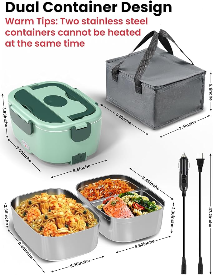 Sitlais Electric Lunch Box for Adults - Fast Heating Portable Food Warmer with 2 of 53oz 304 Stainless Steel Containers 12V/24V/110V Heated Lunch Box for Men&Women Work Office Truck Travel lonchera