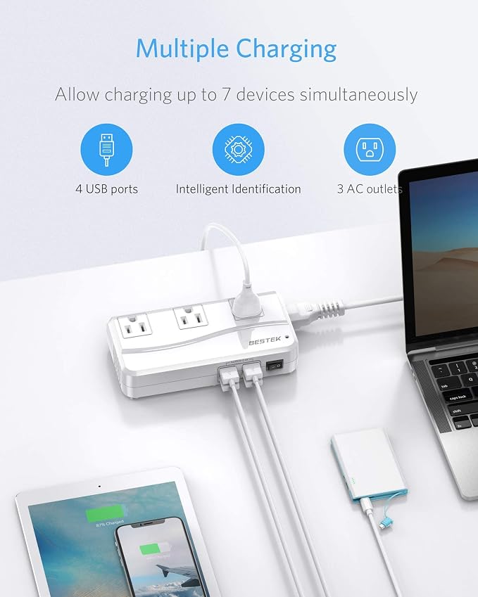 BESTEK Universal Travel Adapter 220V to 110V Voltage Converter with 6A 4-Port USB Charging and UK/AU/US/EU Worldwide Plug Adapter