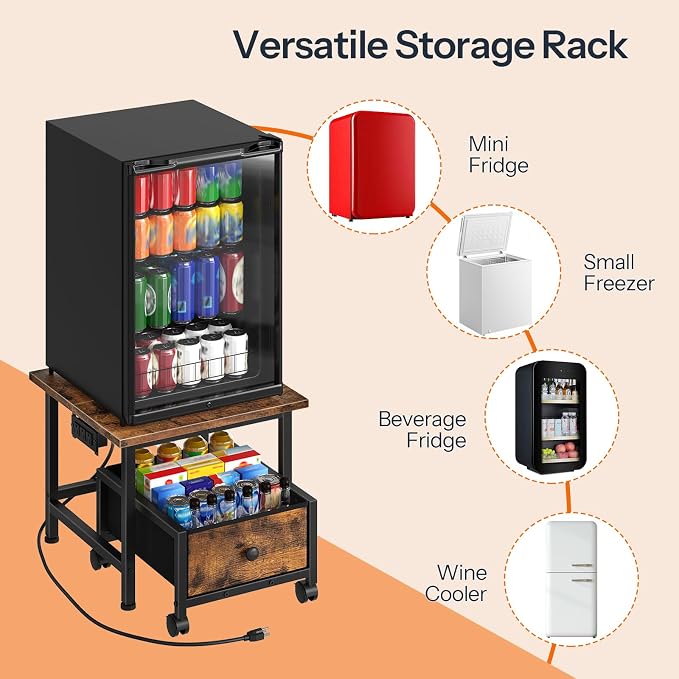 HOOBRO Mini Fridge Stand with Non-Woven Storage Basket and Power Outlet, Mini Fridge Cabinet with Wheels and Adjustable Feet, Mobile Fridge Shelf, for Home, Apartment, Dorm, Rustic Brown FB355UBX01
