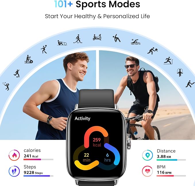 Gydom Smart Watch for Women and Men, 1.85" HD Fitness Trackers for iPhone/Android/Samsung (Answer/Make Calls), Heart Rate/Sleep/SpO2 Monitor, 101+ Sports Modes, IP68 Waterproof, 2 Bands, Black