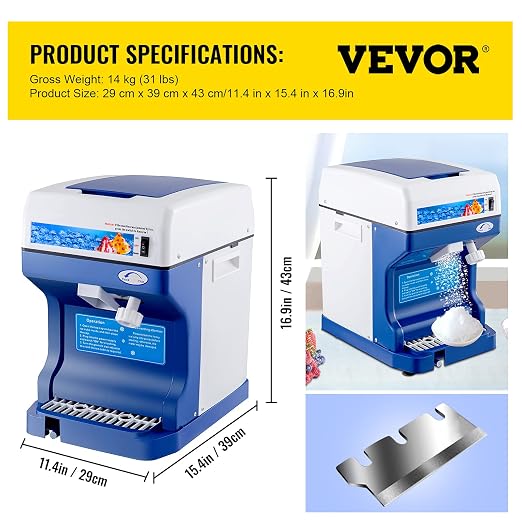 VEVOR 110V Electric Shaved Ice Machine 500W Snow Cone Maker Tabletop w/Adjustable Ice Texture, Ice Shaving Machine 265LBs/hr for Home and Commerical Use