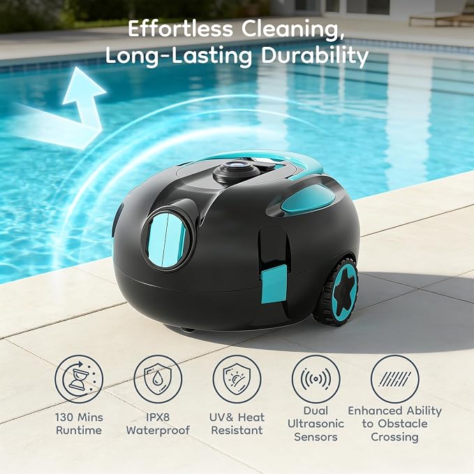 Obito H1 Robotic Pool Cleaner, Powerful Robotic Cleaner with Dual Suction Inlets, Cordless Automatic Pool Cleaner for Cleaning the Bottom of the Pool, 130-Min Runtime (Cannot Climb Walls)