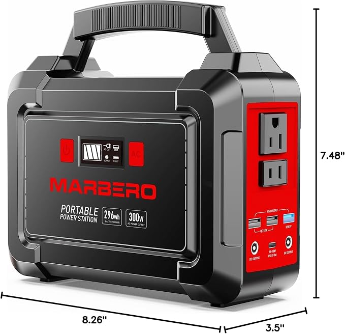 MARBERO Portable Power Station 350W Peak Camping Solar Generator Laptop Charger 296Wh Power Bank with AC Outlet 110V with Multi-Output LED Flashlights for CPAP Home Camping Hurricane Emergency