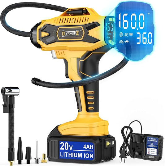 DIYtoolifz 2X Faster Cordless Tire Inflator Air Compressor 20V Rechargeable Battery Powered 160PSI Portable Air Pump with Digital Pressure Gauge, Auto Shutoff & LED Light for Cars SUV Motorcycles