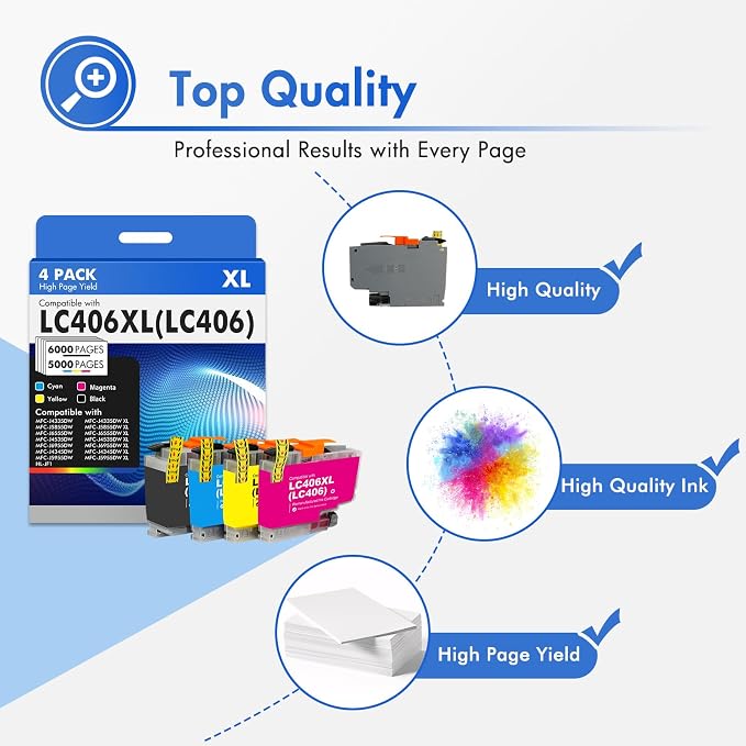 LC406 LC406XL Ink Cartridges for Brother Printer LC 406XL 406 XL for MFC-J4335DW MFC-J5855DW MFC-J6555DW MFC-J4535DW MFC-J6955DW MFC-J4345DW MFC-J5955DW - 4 Pack High Yields Black Cyan Magenta Yellow