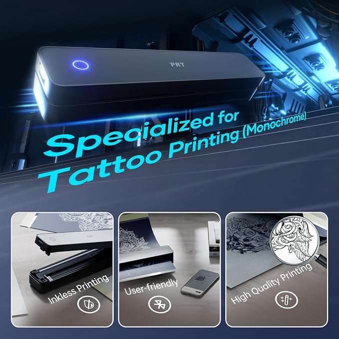 PRT Tattoo Stencil Printer Wireless with 10pcs Transfer Paper, Portable Thermal Tattoo Printers for Tattoo Artists & Beginners, Compatible with Phone& Tablet& PC, Black
