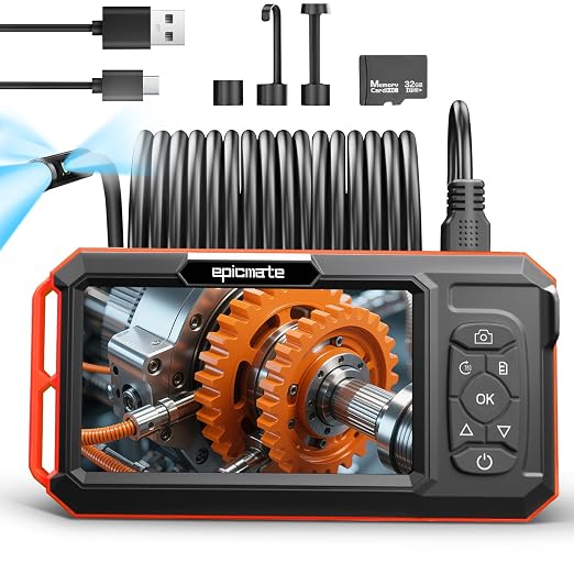Triple Lens Borescope with 5" IPS Screen, 1920P HD Inspection Endoscope Camera with 50FT Semi-Rigid Snake Cable & 32GB Card, IP67 Waterproof Plumbing Camera for Sewer/Automotive/Drain Pipe