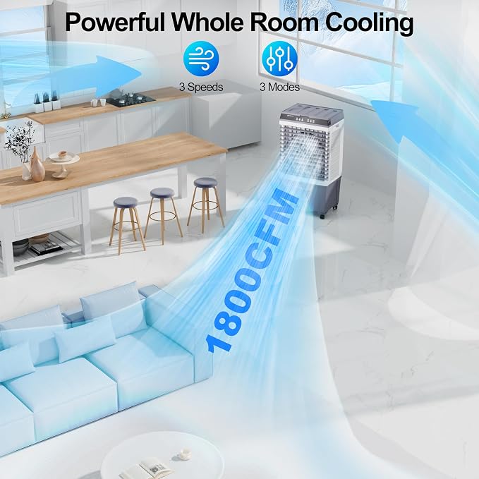 Uthfy 1800 CFM Swamp Cooler, 5.3 Gal Evaporative Air Conditioner, 3-IN-1 Portable Air Cooler with 6 Ice Packs, Remote, 12H Timer, 120° Oscillation, Cooling Fan with 3 Speeds for Bedroom Home Office
