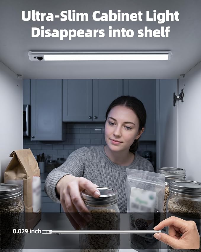 EZVALO Under Cabinet Lights, 14.5'' Motion Sensor Light Indoor Dimmable, 4000mAh Rechargeable Closet Lights 5700K with Remote Control, Wireless Under Counter Light for Kitchen,Cabinet,Bedroom（4Pcs）