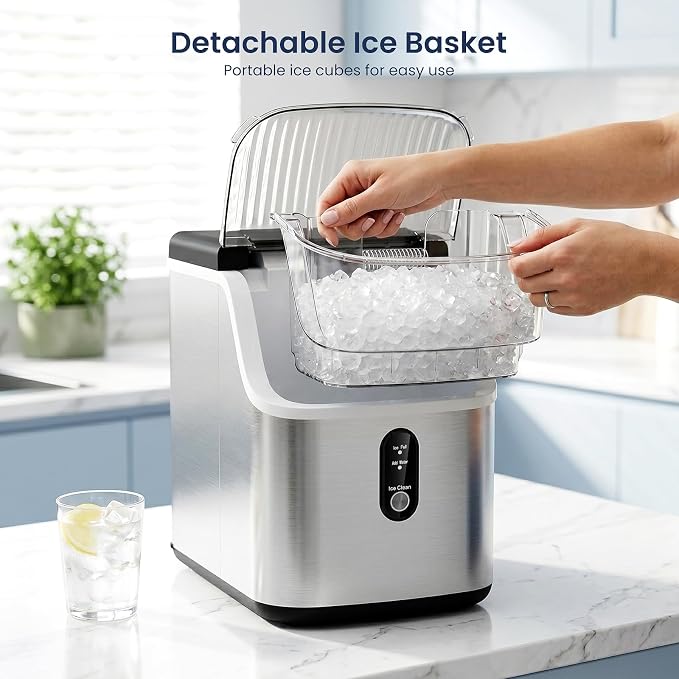 Antarctic Star Nugget Ice Makers Countertop with Handle, 35lbs/Day, Portable Sonic Ice Machine with Auto-Cleaning, Basket and Scoop for Home/Kitchen/Office/Camping(Stainless Steel Silver)