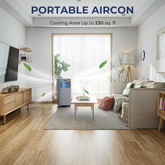 COSTWAY Portable Air Conditioner, 8000BTU AC Unit with Drying, Fan, Sleep Mode, 24H Timer, Remote Control, Cools Room up to 230 Sq. ft, for Home & Office Use, Window Kit Included(8000BTU-Grey)