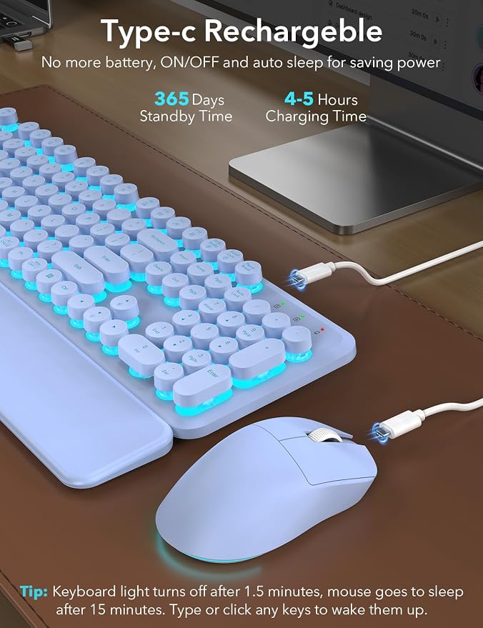 Wireless Keyboard and Mouse Backlit - Purple Typewriter Keyboard with Magnetic Wrist Rest, Retro Round Keycaps, Light Up Letters, 2.4GHz Cordless Combo for Windows, PC, Laptop, Trueque [Upgraded]