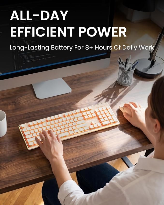 Wireless Keyboard and Mouse Combo with Warm Backlit Pudding Keycaps, Bluetooth & 2.4G, 2000mAh Rechargeable, Full Size, Metal Panel Quiet Computer Keyboard Set for Windows PC Desktop - Rose Gold