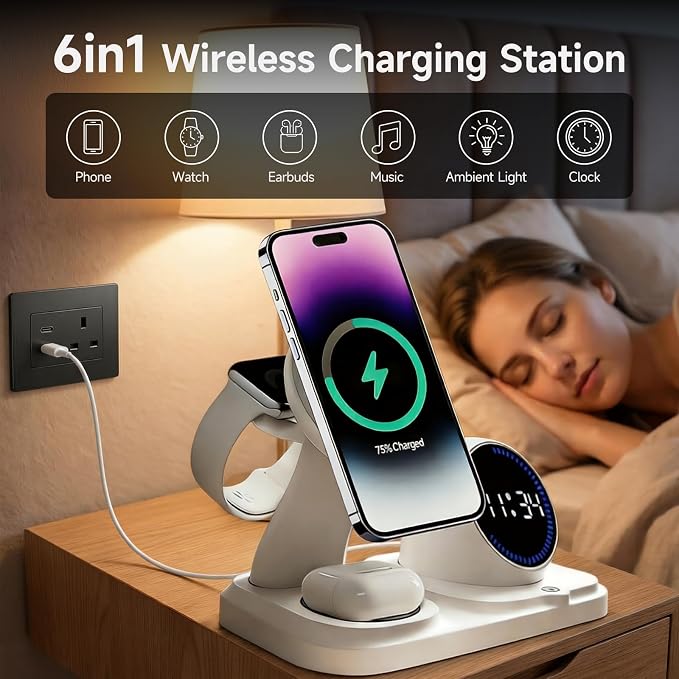 6 -in -1 Wireless Charger Charging Station : Compatibility for iPhone 17 16 15 14 Pro Max Apple Watch, Charger Stand for Apple Devices, with Wireless Speaker and Digital Clock Ambient Lights (White)