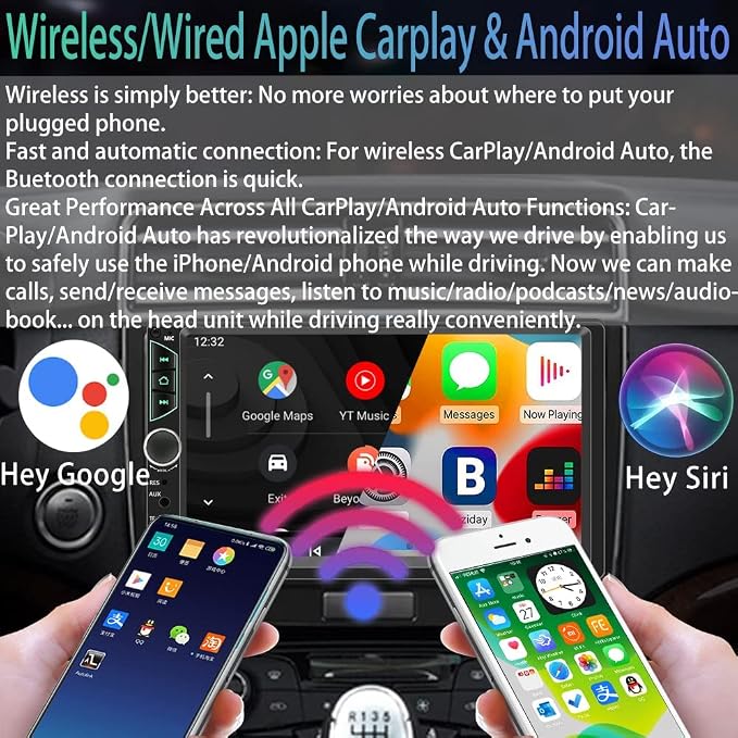 Double Din Car Stereo with Wireless Apple Carplay,Wireless Android Auto,7 inch HD Touch Screen Car Radio with Bluetooth, Car Audio Receiver with Backup Camera,Mirror Link,FM/USB/AUX/TF/Subwoofer