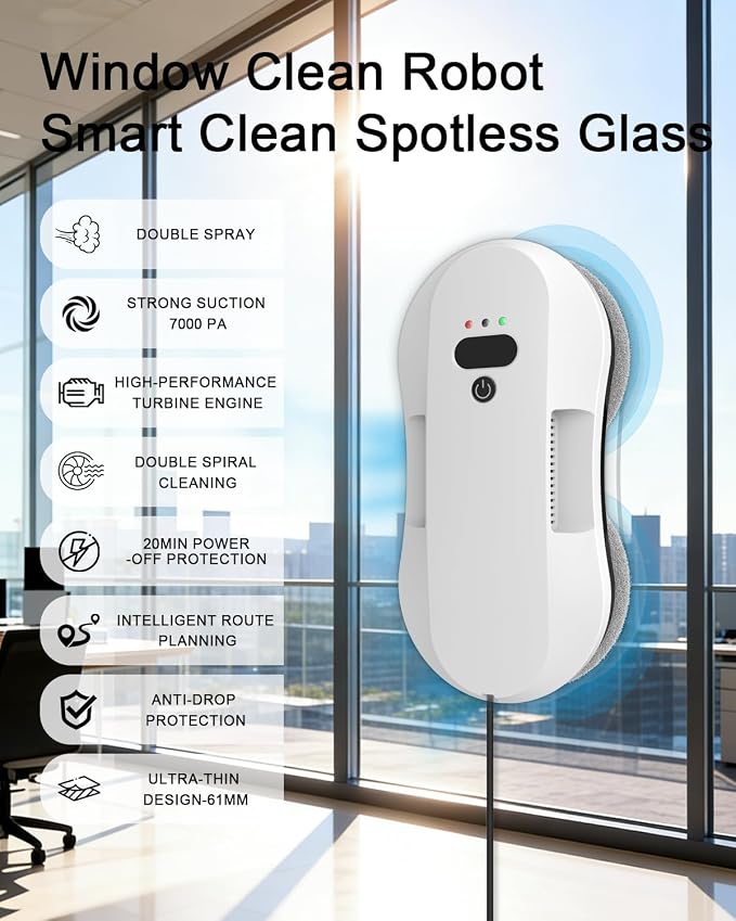 Automatic Window Cleaning Robot for High Windows with 3000Pa Strong Suction, Dual-Nozzle, Power Failure Protection & Safety Rope, 10 Double-Sided Replacement Cloths