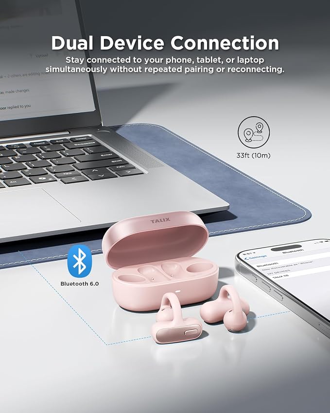 TALIX Open Ear Clip-On Earbuds X8 with AI ENC & Powerful Bass, Wireless Bluetooth 6.0, IPX4 Sweatproof Fitness Headphones, Physical Buttons, 5g Lightweight Ear Buds with Multi-Device Switching, Pink