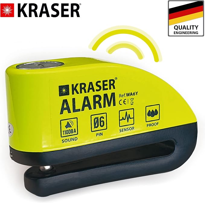 KRASER WA6Y Alarm Disc Lock, Reinforced Disc Brake Lock with 3 keys (others 2), Heavy Duty Anti-Theft Motorcycle Lock with Alarm,110dB, Weather-Resistant, Reminder Cable, Pouch, Motorbike Moped E-Bike