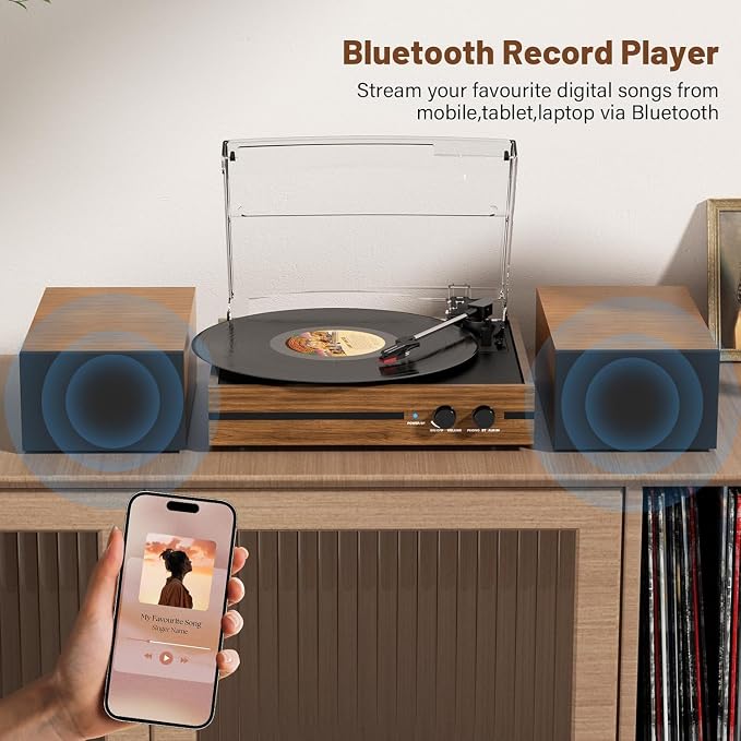 Vinyl Record Player with Dual Stereo Bookshelf Speakers Vintage Belt Drive Bluetooth Turntable with External Speakers,Convert Vinyl to MP3,LP Players AUX Headphone Input RCA Out