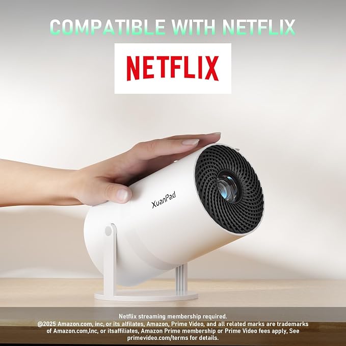 【Bone white Projector & Built-in Apps】XuanPad Mini Projector with Wi-Fi and Bluetooth, Full HD 1080P Smart Portable Projector with 210° Stand, Auto Vertical Keystone, Compatible with HDMI/USB/TV Stick
