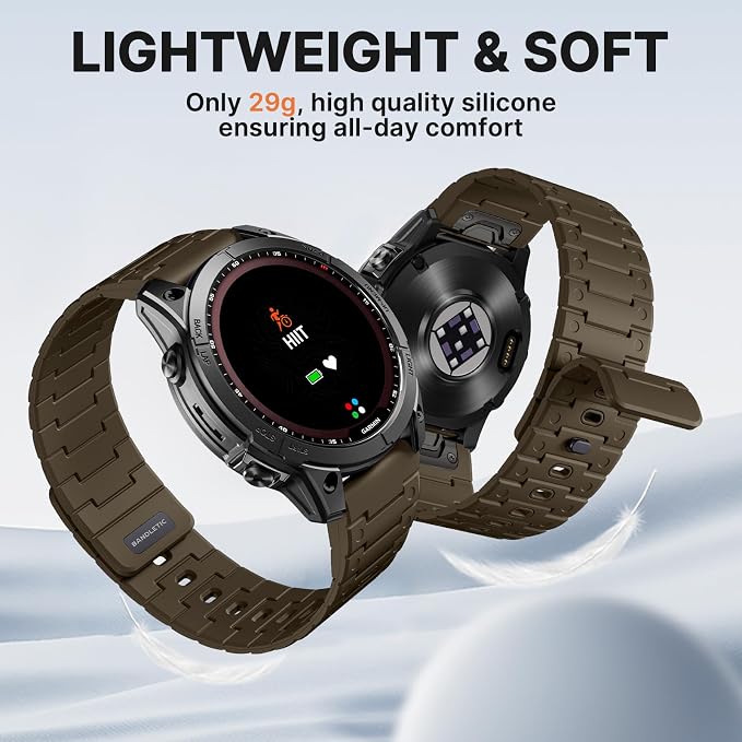Bandletic Magnetic Silicone Watchband Compatible with Garmin 22mm Quick fit Band - Breathable Soft for Fenix 8 E 47mm/7 6 Pro/5 Plus/Instinct E 45mm /Forerunner 965/955/Approach S70/S62/S60/Epix Pro2