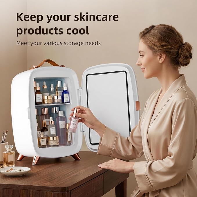 Antarctic Star 6L/8 Cans Makeup Mini Refrigerator with Dimmable LED Light Mirror for Bedroom, Car, Office & Dorm,Portable Small Cooler for Cosmetics,Skin Care,WHITE