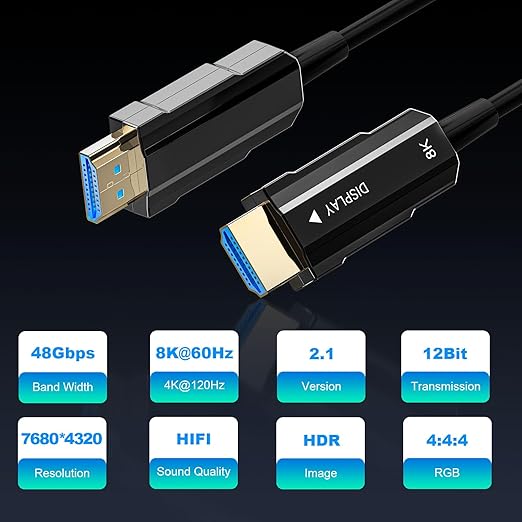 8K HDMI 2.1 Cable 100ft, Long Fiber Optic HDMI Cable, Ultra High Speed Thin HDMI Cord, 48Gbps, 8K@60Hz 4K@120Hz, Dynamic HDR, Dolby, HDCP 2.2&2.3, 3D, for HDTV Monitor Game Laptop Home Theatre