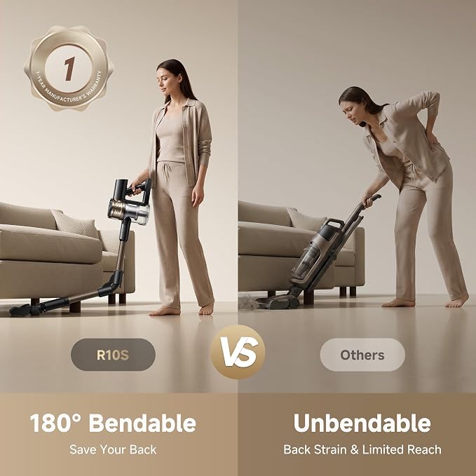 DREAME R10S Cordless Stick Vacuum with 180° Bendable Rod, Reaches Deep Under Beds & Furniture, 25000Pa Powerful Suction, Up to 45-Minute Runtime, LED Headlight, for Hard Floors & Carpet