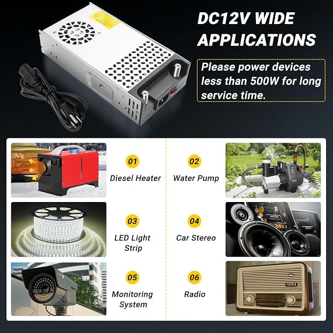 New Version Converter, 110V AC to 12V DC Converter Power Supply 12V 600W 50A DC Switch Transformer for RV,Pump,LED Strip, LCD Monitor (12V 600W)
