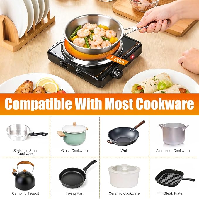 Portable Hot Plate, 1500W Cast Iron Single Countertop Burner, Electric Stove with 5 Levels Adjustable Temperature, Cooktop for Home RV Camping, Easy to Clean, Black