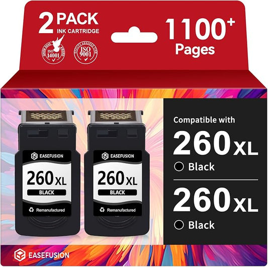 EaseFusion 260XL Black Ink Cartridge Replacement for Canon 260 PG-260 PG-260XL PG260 PG260XL, Compatible with PIXMA TS6420a TS6420 TR7020a TS5300 TS5320 TR7020 Printer (2 Black, High Yield)