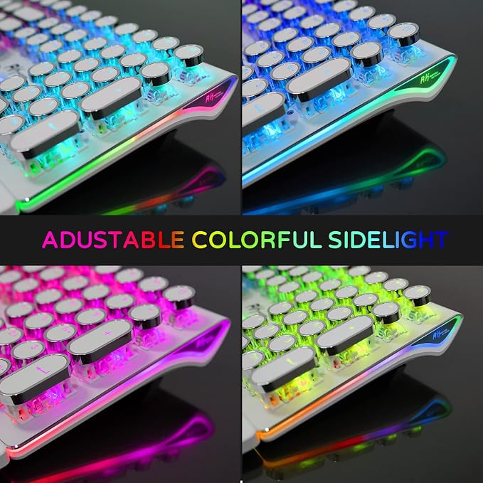 RK ROYAL KLUDGE S108 Typewriter Style Mechanical Gaming Keyboard with RGB Backlit, Wired PC Game Keyboard Full Size with Detachable Wrist Rest and Number Pad, Retro Round Keycaps, Red Switches White