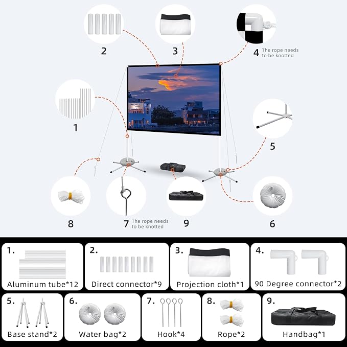 Portable Projector Screen 60inch,Movie Projection Screen,Indoor Projection Screen and Stand, 16:9 Projector Screen 4K HD Wrinkle-Free Lightweight