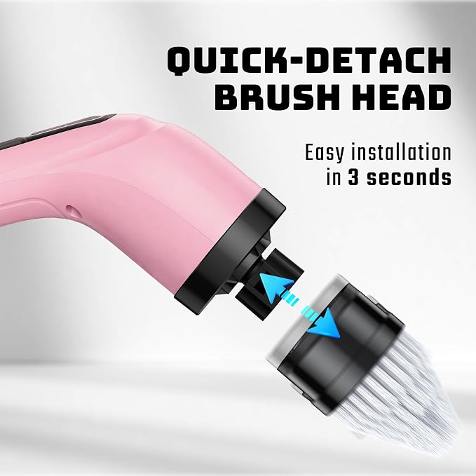Electric Spin Scrubber - Cordless Bathroom Scrubber with 7 Brush Heads - Dual Speed IPX7 Waterproof Power Scrubber for Heavy-Duty Bathtub, Glass, Tile, and Car Cleaning (Pink)