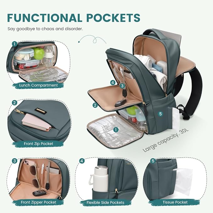 GOLF SUPAGS Lunch Backpack 16 Inch Laptop Backpack with Insulated Cooler Lunch Box Food Bag for College Work Camping Picnics (Atrovirens)