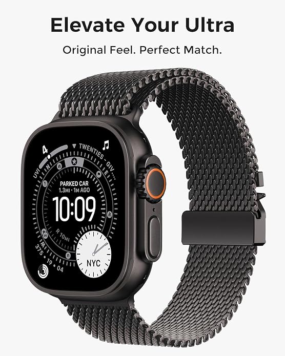 amBand Milanese Loop for Apple Watch Ultra 3/2/1 49mm, Stainless Steel Mesh with Secure Parachute-Style Buckle, Non-magetic Clasp, Breathable & Comfortable Luxury Band for Men