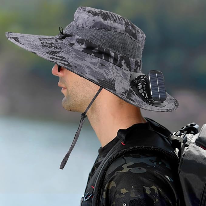 Outdoor Solar Powered Fan Hat for Men Women Breathable Wide Brim Hat with 2 Fans UPF 50+ Fishing Hat Beach Bucket Sun Hat