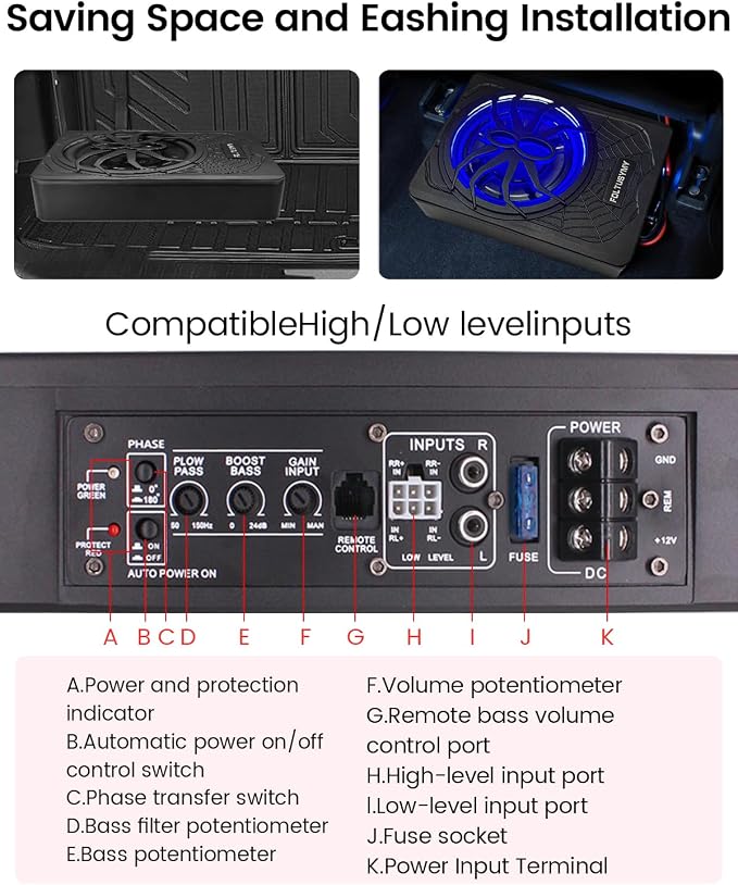 FOLTUSYMY 1200W 10" Slim Under Seat Powered Car Subwoofer, High/Low Level Input, Car/Truck Audio Sub Built-in Amplifier amp Combo Package, with Blue LED Light