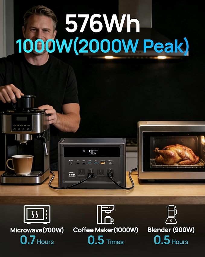 DaranEner 1000W Solar Generator (2000W Peak), 576Wh LiFePO4 Battery Portable Power Station, 1.8H Fast Charge, Home Emergency Backup, Portable Generator for RV Camping, Travel (Solar Panel Optional)