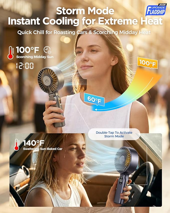 Funme Portable Handheld Fan, 10000mAh Rechargeable Personal Fan with 1-100 Speed Scroll Wheel Control, 46H Max Cooling, Boost Mode, LED Display, Metal Body, Foldable Desk Fan for Travel Outdoor, Blue
