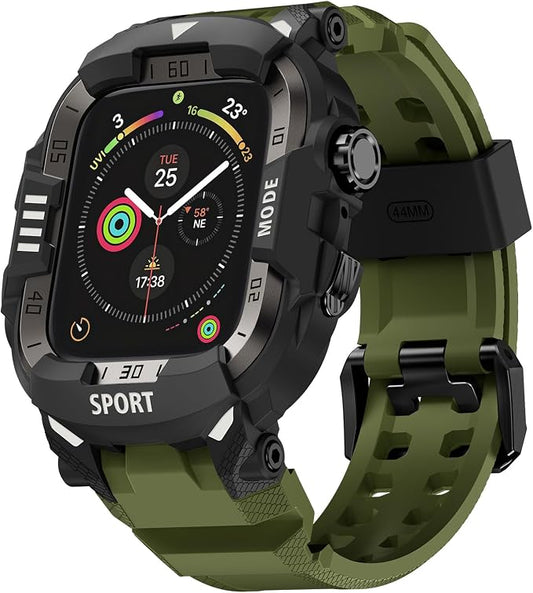 DABAOZA Rugged Case with Band Compatible with Apple Watch 44mm, for iWatch Series 6/5/4 & SE 3/2/1,Military Grade Shockproof Bumper and Men's Tactical Heavy Duty Strap (Army Green,44MM)