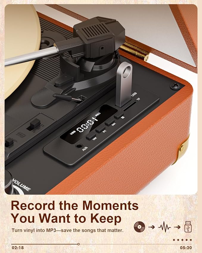 Vinyl Record Player Bluetooth Vintage 3-Speed Portable Suitcase Turntables with Built-in Speakers, Belt-Driven LP Player Support USB Recording AUX-in RCA Line Out Headphone Jack, Brown