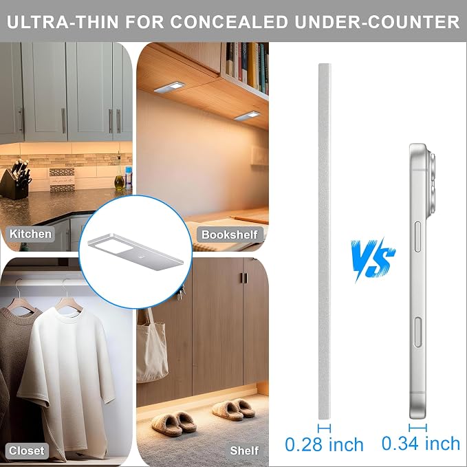 Under Counter Lights for Kitchen, Plug in Linkable LED Dimmable Hard Wired Under Cabinet Lighting for Kitchen Counter Closet, 3000K/4000K/5000K, 0.28 inch Ultra Thin, 3-in-1, Silvery, ETL
