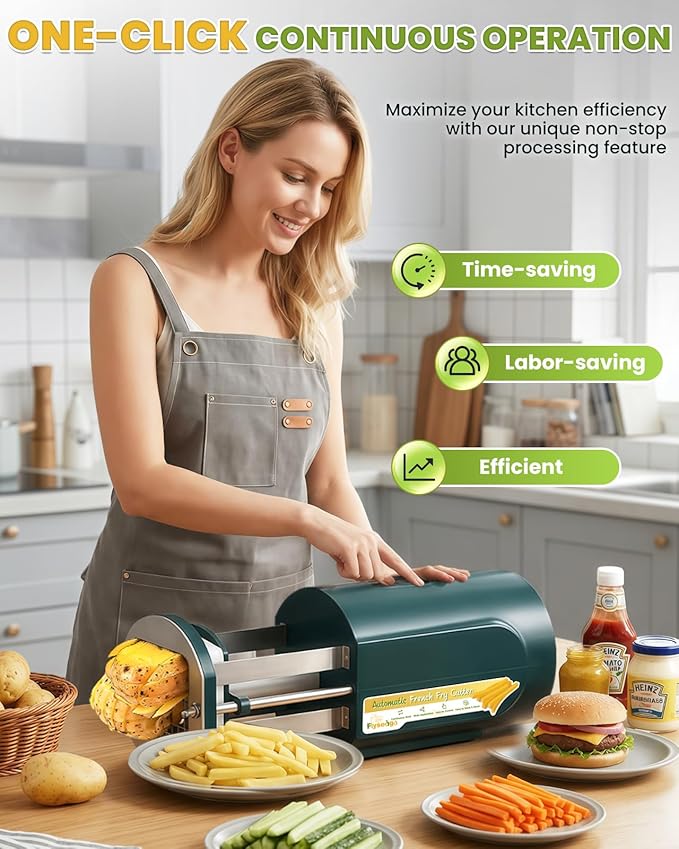 Electric French Fry Cutter with 1/2&3/8 Inch Stainless Steel Blades Professional Potato Cutter's Custom Tray, Automatic Efficient Vegetable Dicer for Carrots, Zucchini, Apples&Onions (Green)
