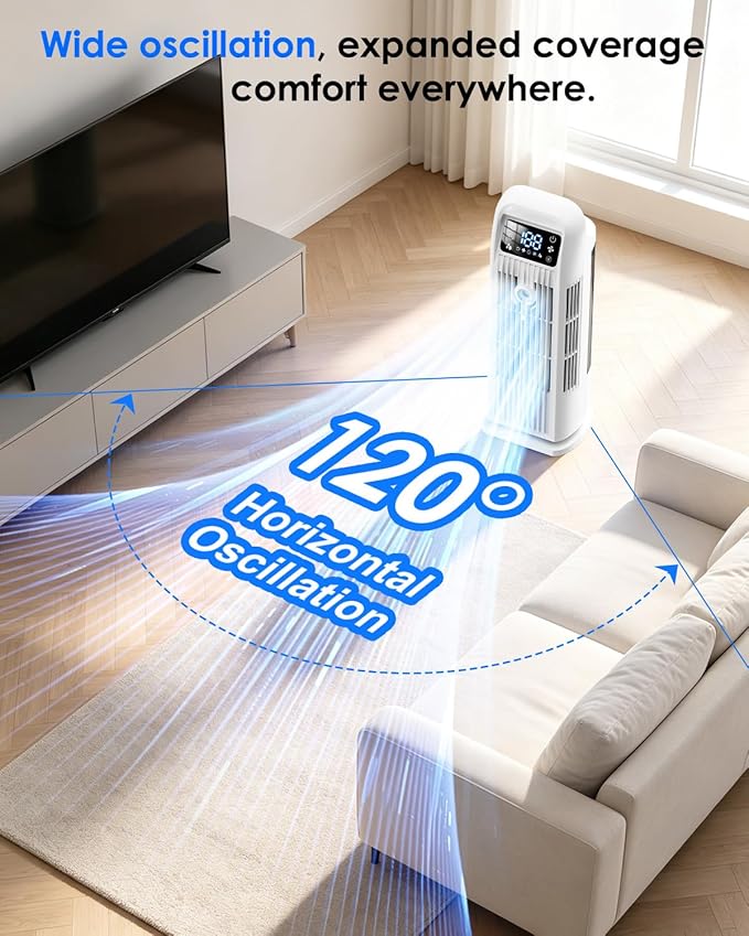 Portable Air Conditioner, 4 in 1 Evaporative Air Cooler with Remote Control, 1200ML Water Tank, 120 Oscillating, 4 Speeds, 12H Timer, Mist Spray Tower Fan for Home Office, White